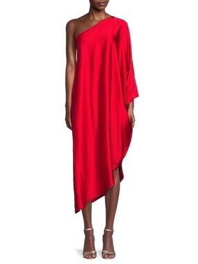 Renee C One Shoulder Satin Midi Dress Grecian Drape Asymmetric Hem Elegant